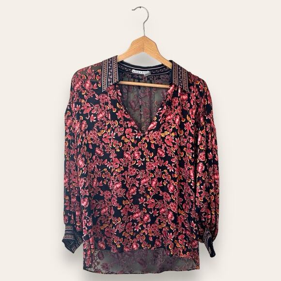Alice + Olivia Desiree Velvet Effect Blouse Silk Blend Red Black Small Women’s - Picture 2 of 10